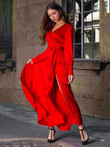 V-neck Long Sleeves Solid Color Belted Maxi Evening Dress