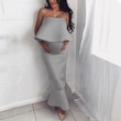 Maternity Solid Color Ruffled Collar Bodycon Midi Dress