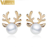 Women's  Elegant Christmas Pearl Deer Earrings and Reindeer Ear Studs