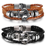 Vnox Anchor Bracelet Black Braided Leather Charm Men Jewelry