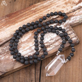 108 Lava Stone Bead & White Quartz Point Mala Necklace