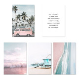 Nordic Style Beach and Ocean Landscape Pink Bus Art Canvas Set