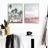 Nordic Style Beach and Ocean Landscape Pink Bus Art Canvas Set