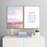 Nordic Style Beach and Ocean Landscape Pink Bus Art Canvas Set