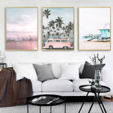 Nordic Style Beach and Ocean Landscape Pink Bus Art Canvas Set