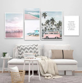 Nordic Style Beach and Ocean Landscape Pink Bus Art Canvas Set