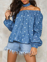 Long Sleeve Loose Print Off Shoulder T-Shirts