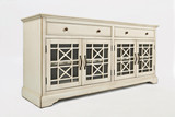 Wooden Media Unit with Fretwork Designed Doors, Antique Cream