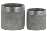 Round Cemented Flower Pot With Silver Banded Rim Top, Set of 2, Gray