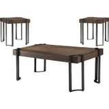 Industrial Style Wood and Metal Coffee End Table Set, Black and Brown, Pack of 3