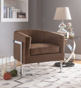 Faux Leather Upholstered Wooden Accent Chair with Metal Legs, Brown and Silver