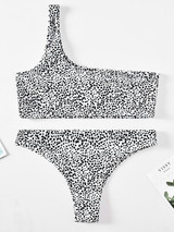 Asymmetric One-Shoulder Polka-Dot Split Bikini Swimsuit