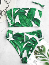 Zipper Printed Strapless Bikini Swimsuit