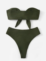 Solid Color Knotted Strapless Split Bikini Swimsuit