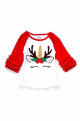 Unicorn Deer Christmas Holly Berry Ruffle Raglan