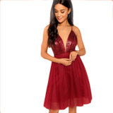 Burgundy Party Backless Mesh Dress