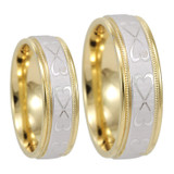 Ladies 14K Two Tone Gold Double Heart Wedding Band, Shiny Wedding Ring, Comfort Fit Promise Ring, Milgrain Wedding Band