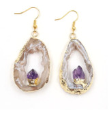 Natural Agate Quartz Druzy Dangle Hook Earrings
