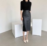 PU Leather Skirts High Waist Pockets Package Pencil  Skirt