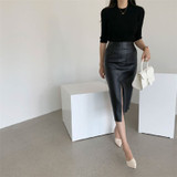 PU Leather Skirts High Waist Pockets Package Pencil  Skirt