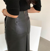 PU Leather Skirts High Waist Pockets Package Pencil  Skirt