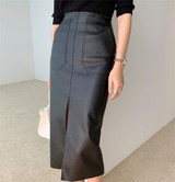 PU Leather Skirts High Waist Pockets Package Pencil  Skirt