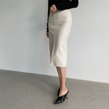 PU Leather Skirts High Waist Pockets Package Pencil  Skirt