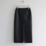 PU Leather Skirts High Waist Pockets Package Pencil  Skirt