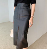 PU Leather Skirts High Waist Pockets Package Pencil  Skirt