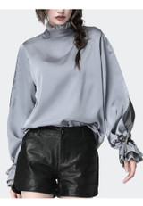 Satin  Blouse With Stand Ruffled Collar & Split Lace Sleeve