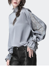 Satin  Blouse With Stand Ruffled Collar & Split Lace Sleeve