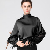 Satin  Blouse With Stand Ruffled Collar & Split Lace Sleeve