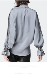 Satin  Blouse With Stand Ruffled Collar & Split Lace Sleeve