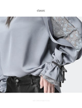 Satin  Blouse With Stand Ruffled Collar & Split Lace Sleeve