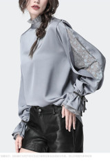 Satin  Blouse With Stand Ruffled Collar & Split Lace Sleeve
