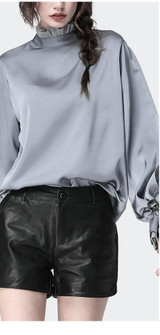Satin  Blouse With Stand Ruffled Collar & Split Lace Sleeve