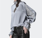 Satin  Blouse With Stand Ruffled Collar & Split Lace Sleeve