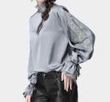 Satin  Blouse With Stand Ruffled Collar & Split Lace Sleeve