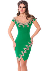 Gold Lace Applique Green Off Shoulder Mini Dress
