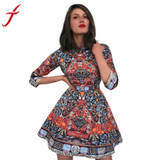 Vintage Women Dress Three Quarter Sleeve Stand Neckline National Wind Print Evening Party Slim Dress vestidos de festa