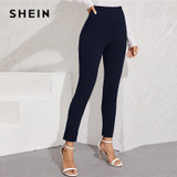 SHEIN Solid Elastic Waist Pocket Side Split Hem Elegant Pants Women Bottoms Autumn High Waist Office Ladies Skinny Trousers