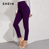 SHEIN Solid Elastic Waist Pocket Side Split Hem Elegant Pants Women Bottoms Autumn High Waist Office Ladies Skinny Trousers
