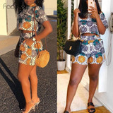 Fadzeco African Dresses for Women Dashiki Print Ankara Jumpsuit Short Sleeve Round Neck T Shirt and High Waist Short Pants