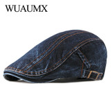 Wuaumx Casual Spring Summer Berets Hat Men Women Denim Newsboy Caps Visors Cotton Cabbie Herringbone Cap Duckbill Ivy Flat Cap