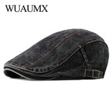 Wuaumx Casual Spring Summer Berets Hat Men Women Denim Newsboy Caps Visors Cotton Cabbie Herringbone Cap Duckbill Ivy Flat Cap