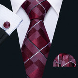 New Mens Wedding Tie Red Plaid Silk Tie Hanky Set Barry.Wang 8.5cm Fashion