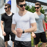 Men Ice silk short sleeve Solid color seamless underwear clothing close-fitting V-neck