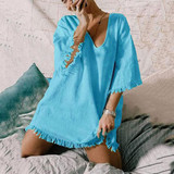 V Neck Tassel Solid Color  Dress
