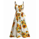 Sling Ruffled Sunflower Printed Button Dress