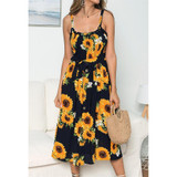 Sling Ruffled Sunflower Printed Button Dress
